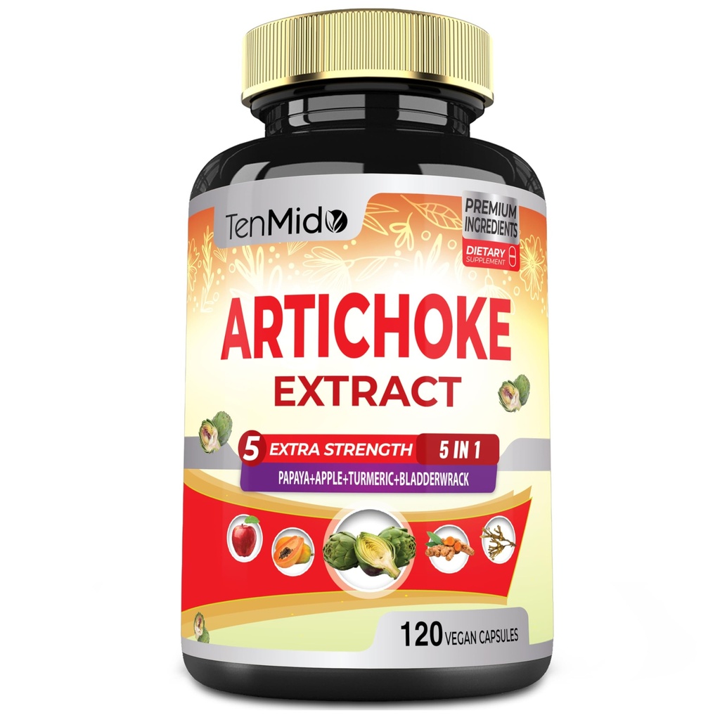 Suplemento de Artichoke Extracto de cápsulas, 4 meses de suministro con Papaya, Apple Pectin, Turmeric Curcumin, Bladderwrack - Apoyo Función de la digestión - 120 cápsulas Vegan