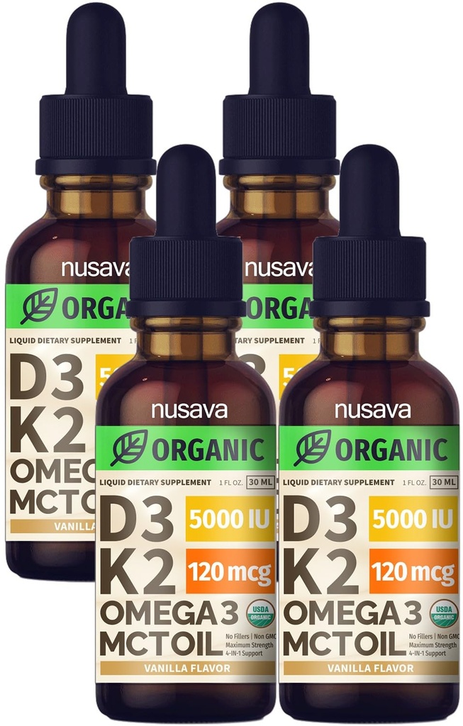 (4 Pack) Vitamina Orgánica D3 K2 gotas con MCT Oil Omega 3, 5000 UI, Maximum Strength Vitamin D Liquid - No Fillers, No GMO Liquid D3 para Absorción de Faster &amp; Immune Support (Vanilla, 4 Fl Oz)