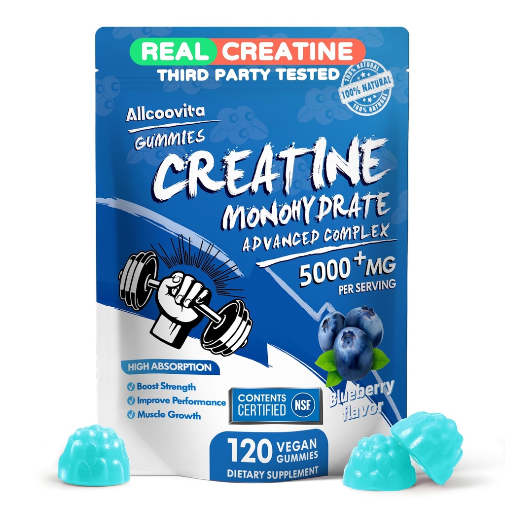 Complejo de Gummies de Monohidrato de Creatina para Hombres - 120 Gummies Fórmula Avanzada, L-Taurina + Vitamina B12 para Estrés Musculo, Constructor de Muscles, Boost de Energía, Suplemento de Pre-Workout -Blueberry