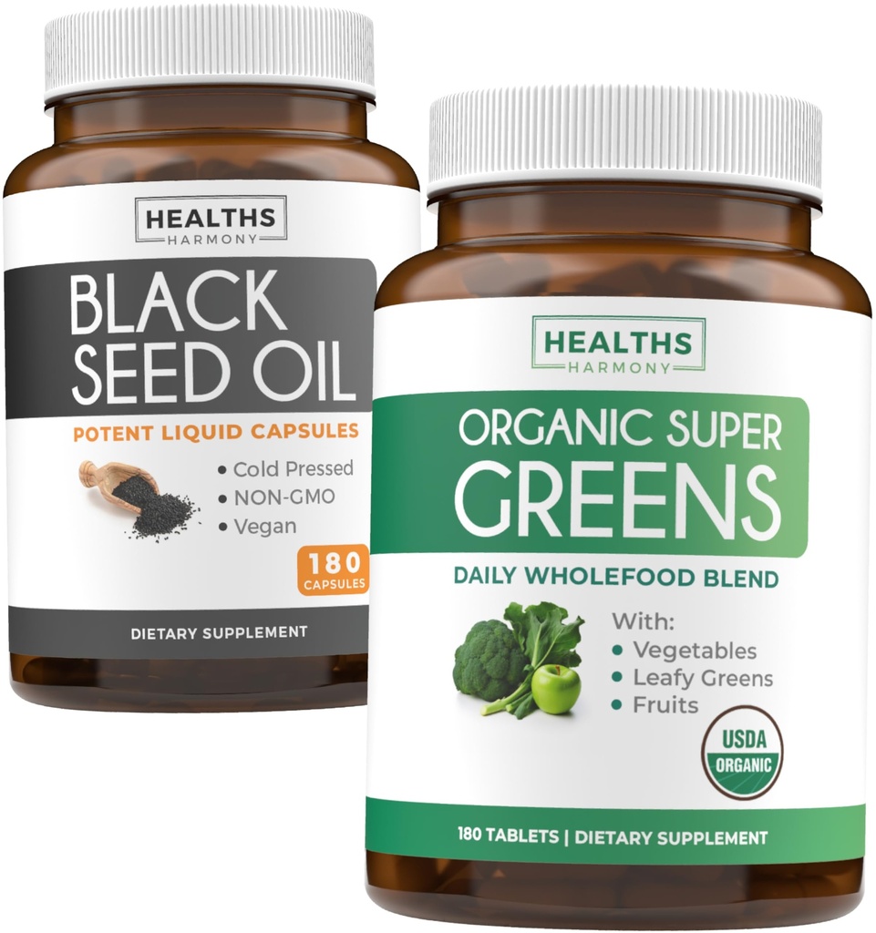 Black Seed Oil &amp; Organic Super Greens (3-Month Supply) Seed & Sprout Bundle of Black Seed Oil (180 Capsules) Cold-Presed Nigella Sativa & Organic Super Greens Powder (180 Tablets) Complete Superfood