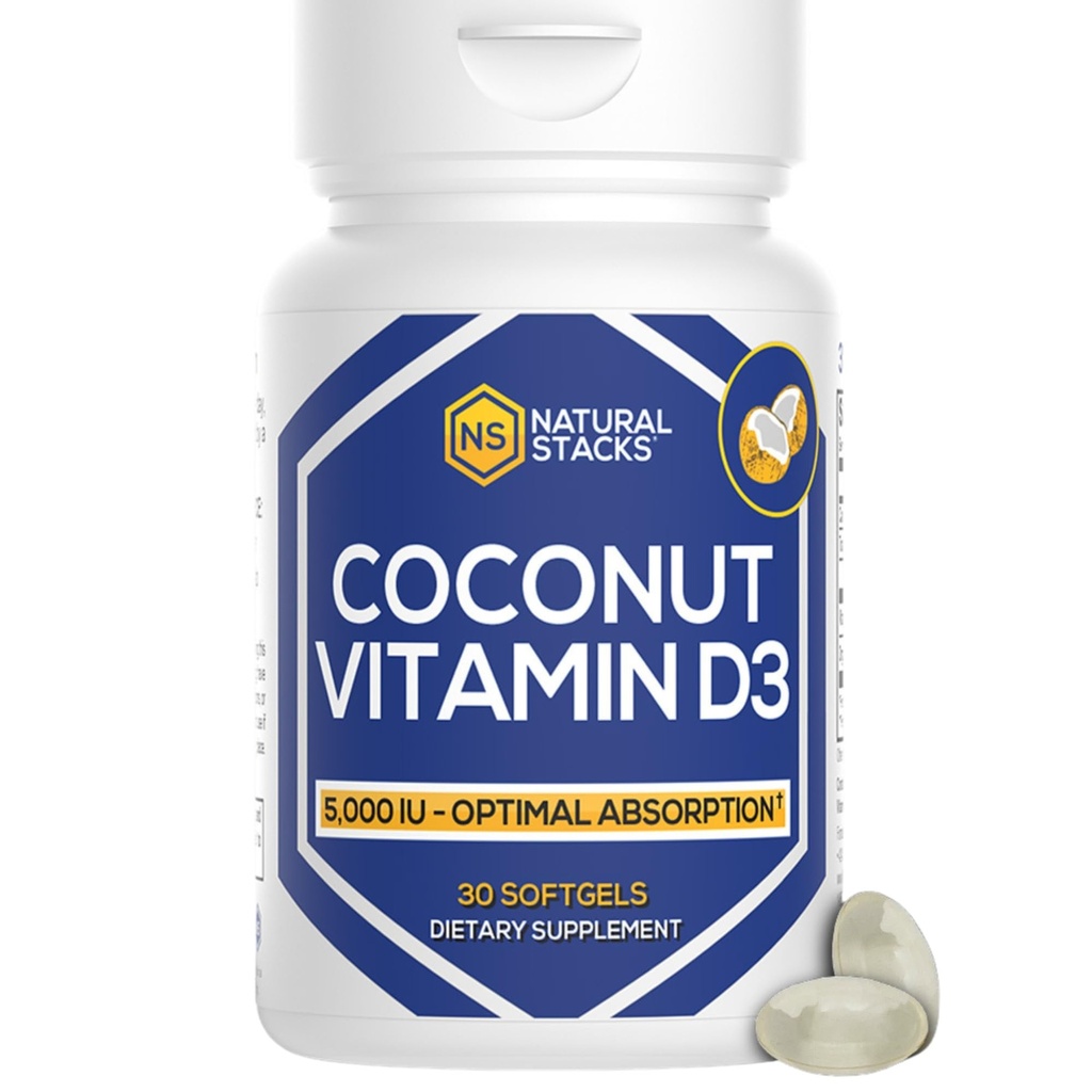 NATURAL STACKS Vitamina D 5000 Suplemento UI - con aceite de coco para absorción óptima - píldoras de vitamina D para el crecimiento celular de la inmunidad - D3 125mcg Cholecalciferol Suplemento - 30 D3
