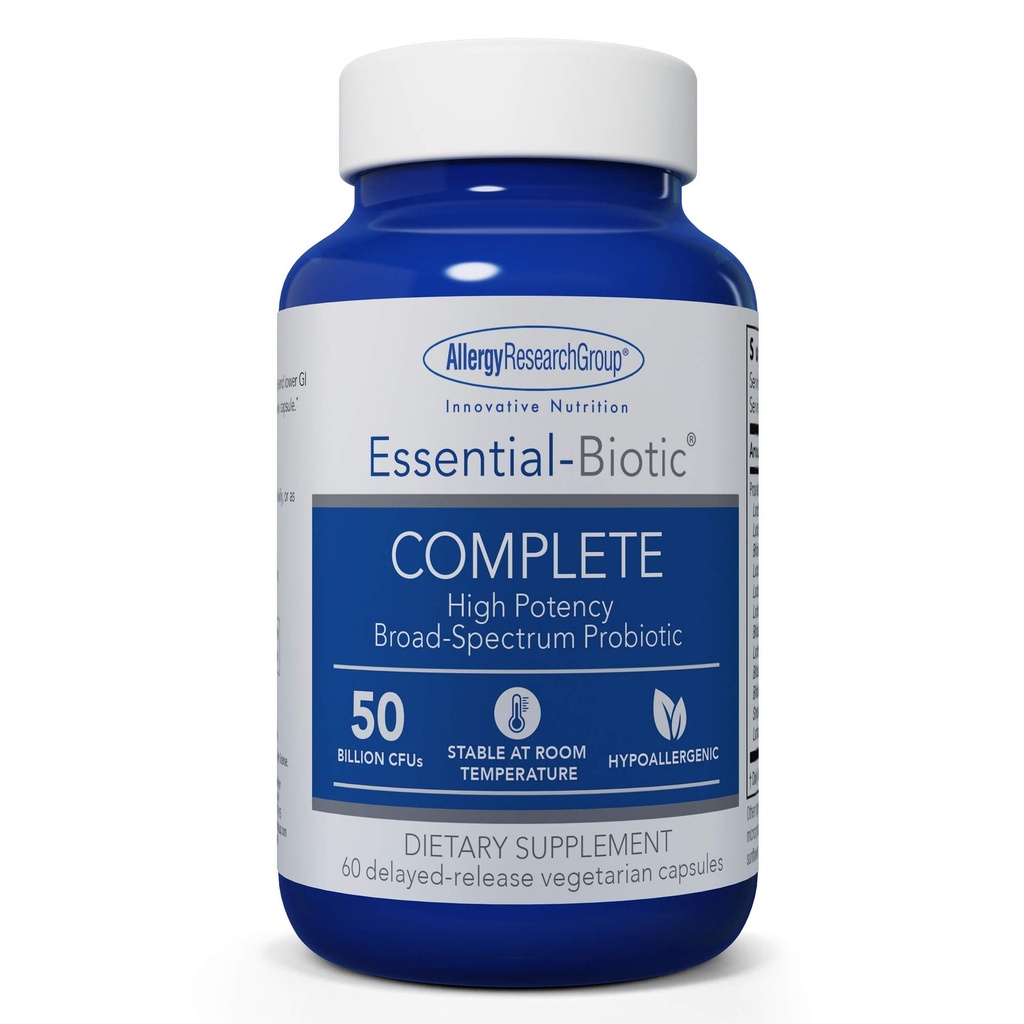 Allergy Research Group Essential-Biotic Complete Supplement - High Potency Probiotics for Men &amp; Women, Supports Gut & & Digestive Health, 50 Billion CFUs, Delayed-Release Vegetarian Capsules - 60 Count