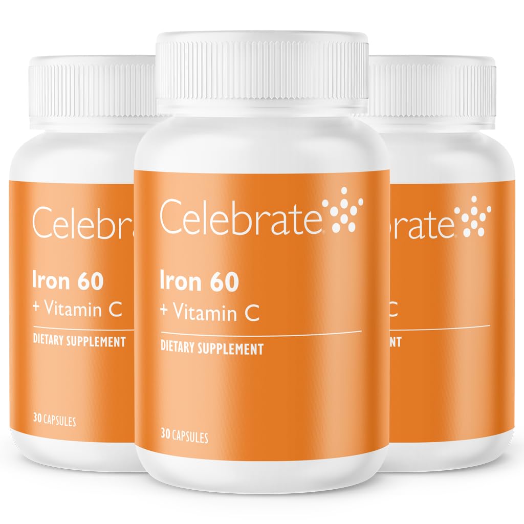 Celebrar vitaminas Suplemento de hierro con vitamina C - 60 mg de hierro, vitamina C de 60 mg, vitaminas barátricas para pacientes de WLS, hendidura vertical y cirugía de derivación gástrica (90 cápsulas)