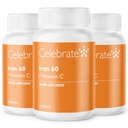 Celebrar vitaminas Suplemento de hierro con vitamina C - 60 mg de hierro, vitamina C de 60 mg, vitaminas barátricas para pacientes de WLS, hendidura vertical y cirugía de derivación gástrica (90 cápsulas)