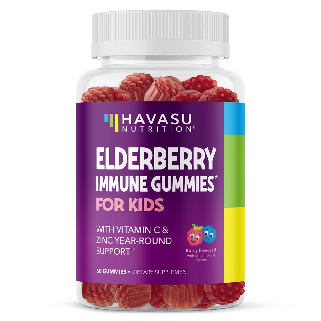 Gummies de Elderberry para niños con zinc y vitamina C - Suplemento de Apoyo Inmunitario para niños - 60 Conde, Vegan, Berry Flavor - Defensa diaria conveniente con antioxidantes y nutrientes esenciales