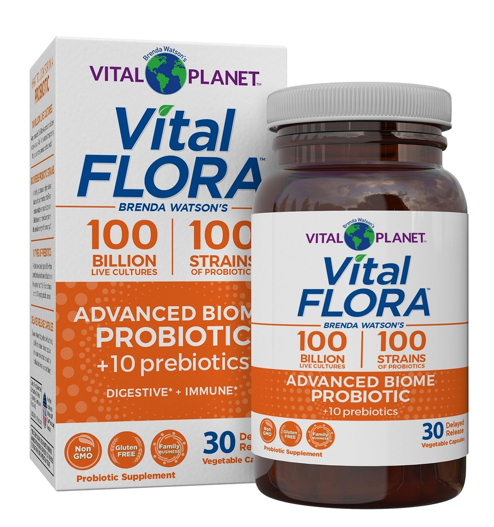 Vital Planet - Vital Flora Advanced Biome Probiotic 100 Billion CFU, 100 Diverse Strains, 10 Prebióticos Orgánicos, Apoyo Inmunitario, Probióticos de Salud Colon y Digestivo para Mujeres y Hombres 30 cápsulas
