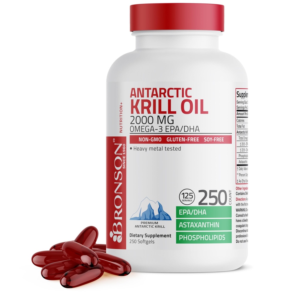 Bronson Antártico Krill Oil 2000 mg con Omega-3s EPA, DHA, Astaxanthin y fosfolípidos, 250 Softgels (125 Servimientos)