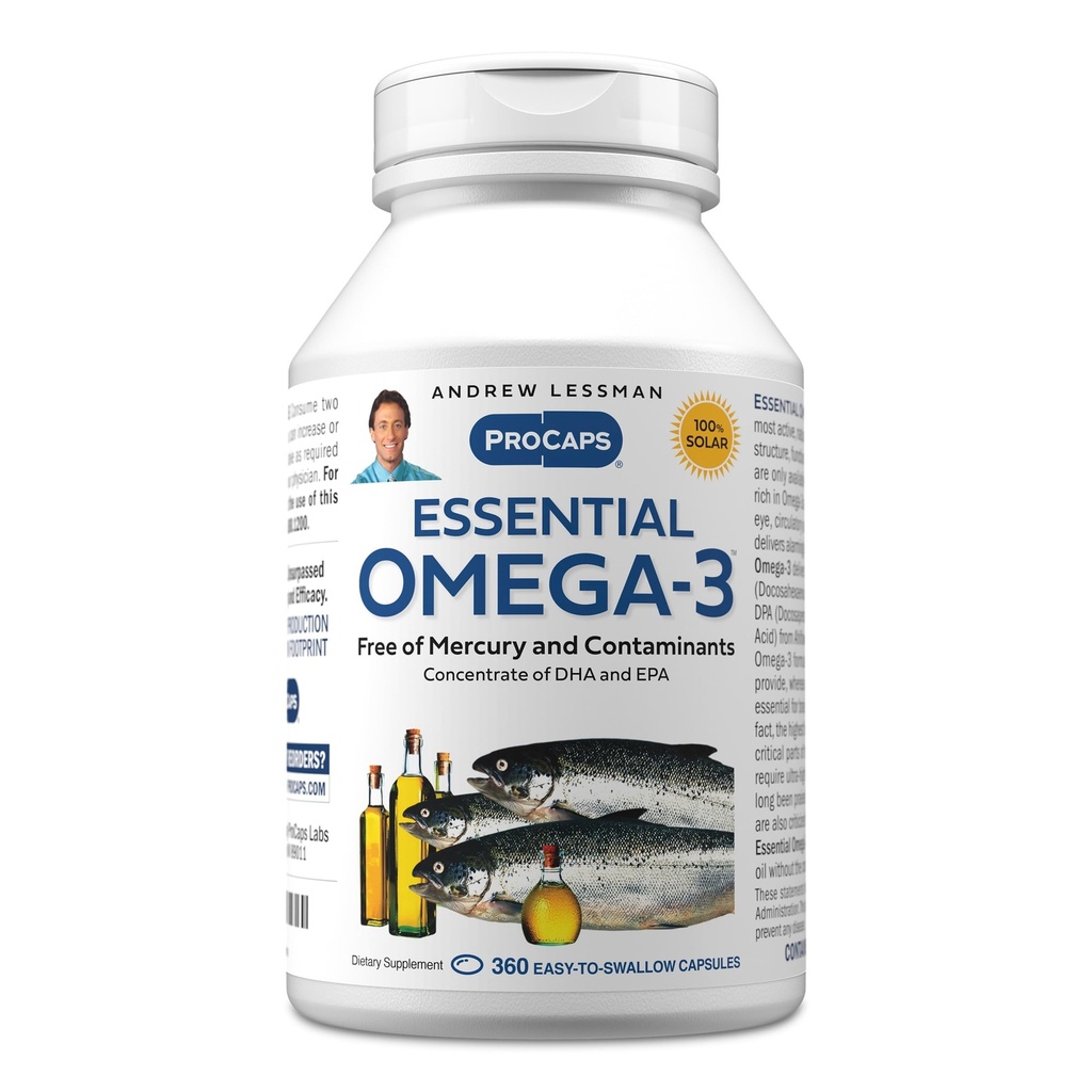 ANDREW LESSMAN Essential Omega-3 Unflavored - 360 Softgels - Ultra-Pure, Alta Potencia Omega-3 Aceites. High DHA, No Stomach Upset, No Contaminants, No Mercury. Pequeño fácil de absorber Softgels