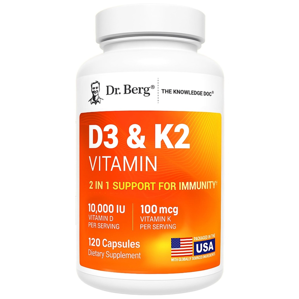 Dr. Berg Maximum Strength 2-in-1 Vitamin D3 K2 10,000 IU ← Naturalmente derivó D3 Silencio 4X Lab-Tested " Verified peru High Absorption Formula  durable K2 D3 Vitamin Supplement - 120 Capsules
