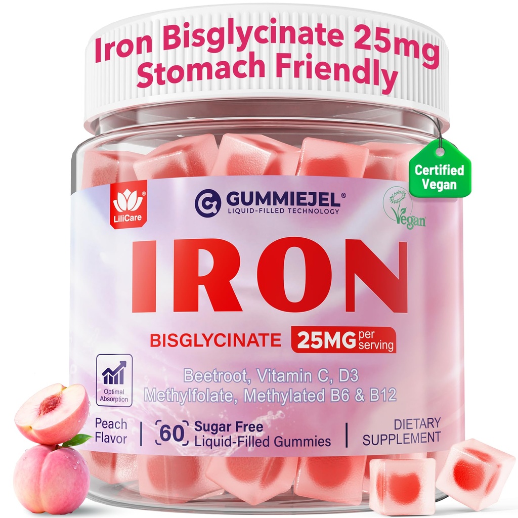 Suplemento de Hierro Vegano para Mujeres 25 mg, Gummies de Hierro Libre de Azúcar con Vitamina C, Methy B12, Folate for Energy Boost, Iron Deficiency, No After Taste, Peach Flavor - 60 Conde (Pack de 2)