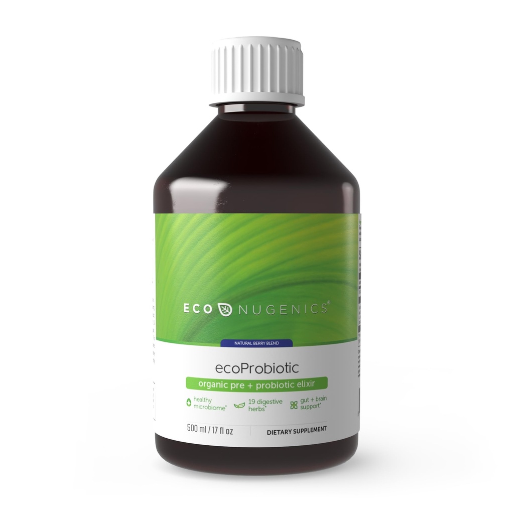EcoNugenics ecoProbiótico: Probiótico " Suplemento Prebiótico para Mujeres " Hombres w/ 19 Hierbas Digestivas – Apoya la función Microbiome " Gut Health + Immune – Live Fermented Liquid Vegan Formula (17 oz)