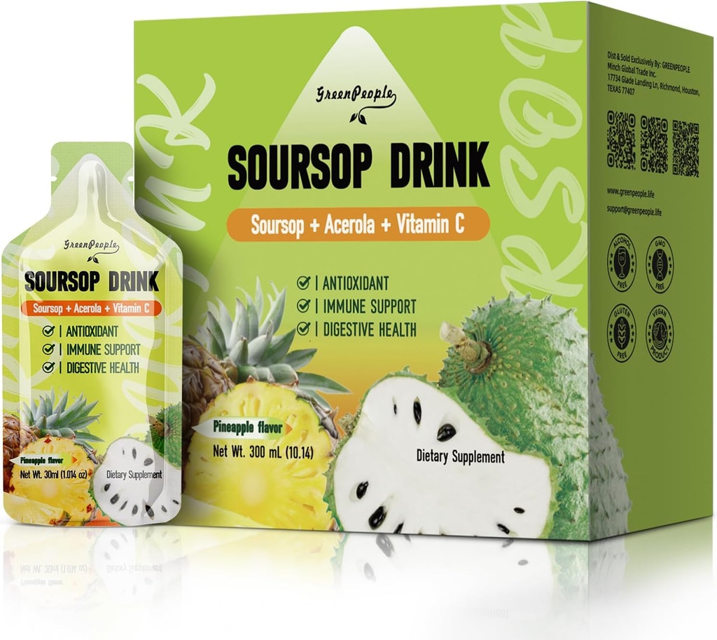 GREENPEOPLE Soursop " Acerola Liquid Supplement Drink, Soursop Bitters Liquid, Immune Boosting Vitamin C Drink, Fast Absorption, Vegan, Non-GMO, 10 Packets