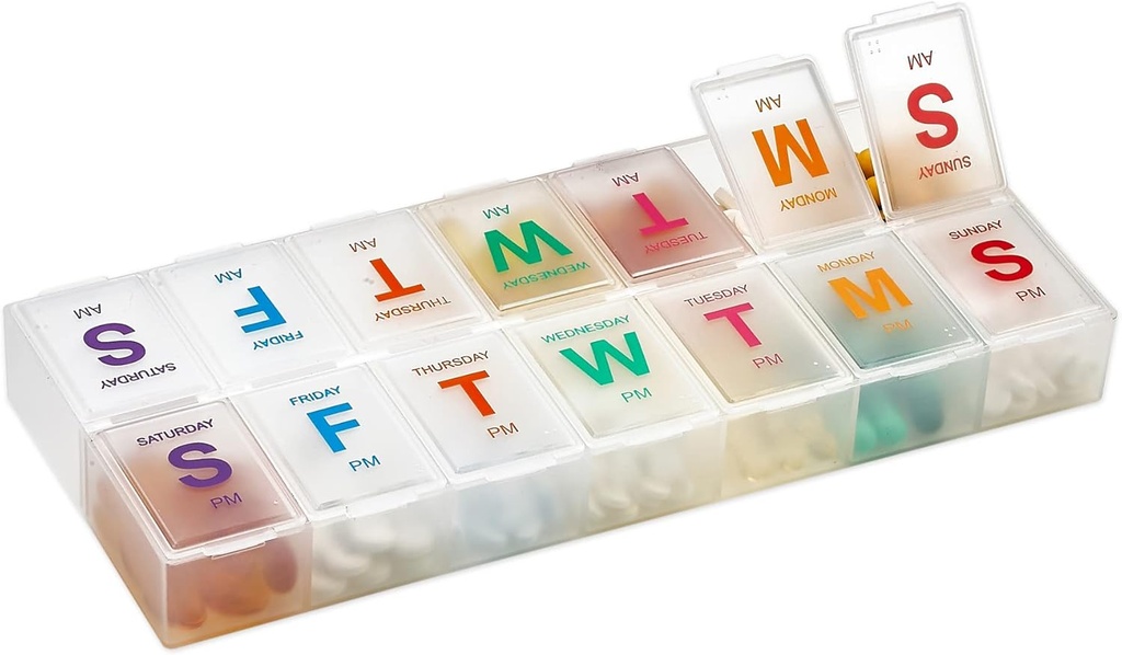 Organizador de píldoras extra grande - Caja de píldoras 7 días organizador semanal de píldoras 2 veces al día y AM Caso de organizador diario de píldoras y suplementos con braille y brillante XL fácil de leer colores