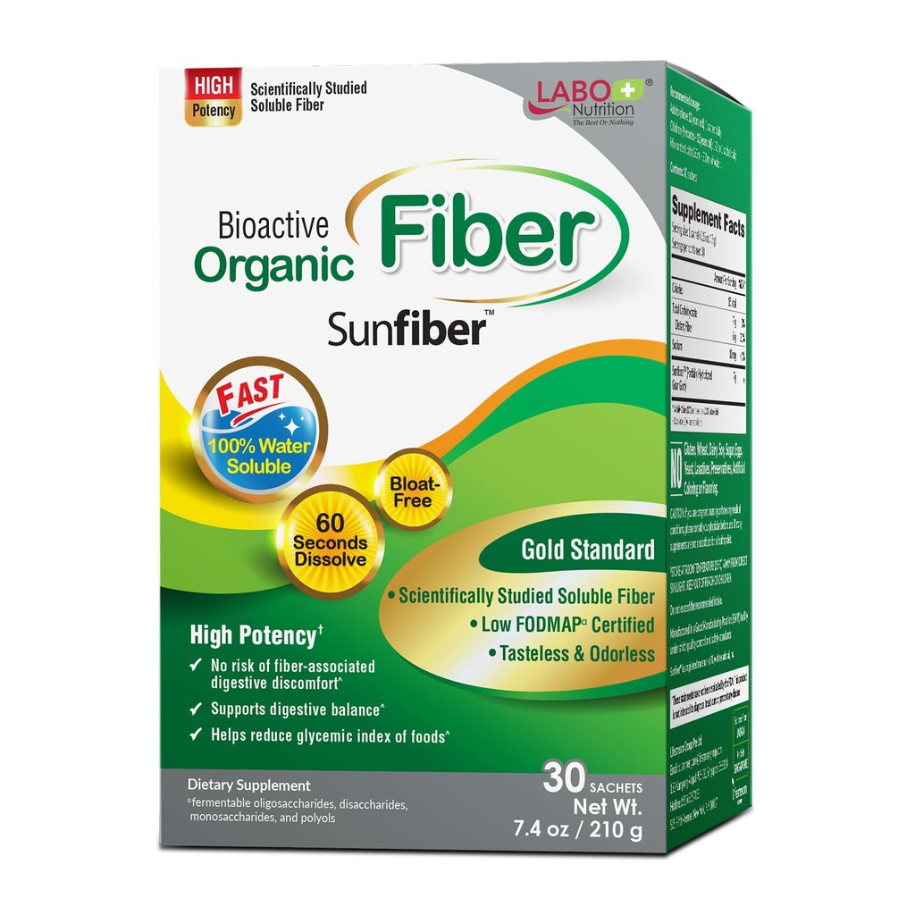 LABO Nutrición Bioactiva Fibra Orgánica – Sunfiber PHGG Soluble Fibra Prebiótica para la Regularidad Digestiva & Gut Salud – Parcialmente Hidrolyzed Guar Gum, Baja FODMAP, Desflavorado, Vegano, No-GMO, 30 Sachets