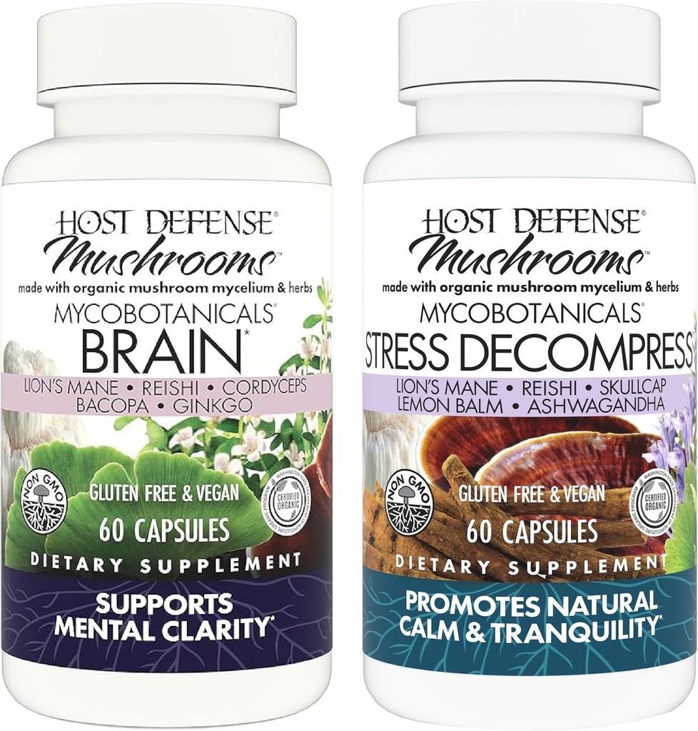 Host Defense Bundle con MycoBotanicals Brain* Capsules, 60 Conde &amp; MycoBotanicals Stress Decompress* Capsules, 60 Conde - Soporte Memoria & Focus - Soporte Relajación*