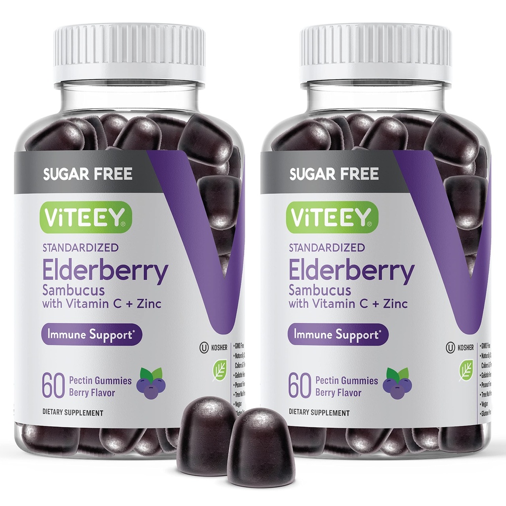 VITEEY Sambucus Elderberry Gummies for Adults &amp; Teens + Zinc &amp; Vitamina C - Sugar Gratis - Immune Support &amp; Booster Herbal Suplemento - Vegan, Gluten Gratis, Gelatin Free, GMO Gratis, Chewable Berry Flavored