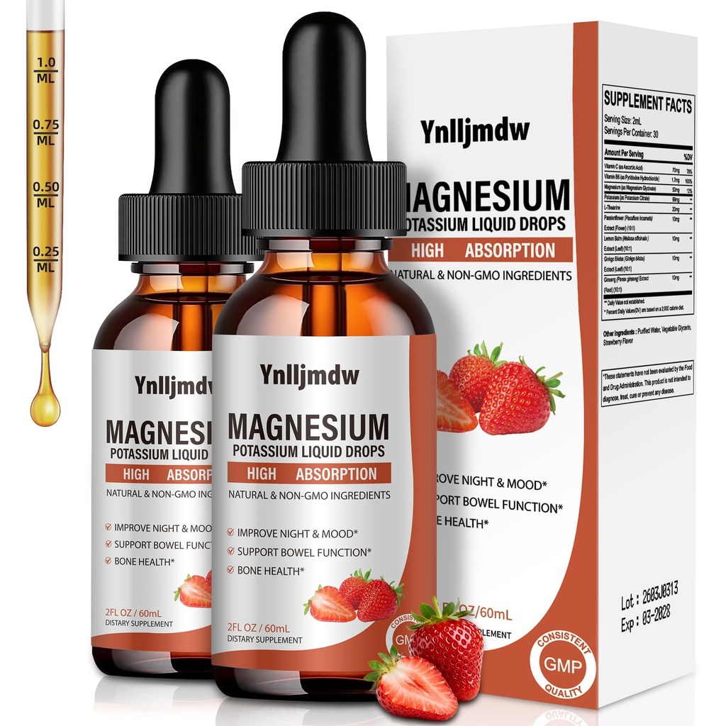Suplemento de Magnesio Glycinate Liquid Drops,1000 mg de Magnesio líquido con bromelaina, vitamina B6 C D, Complejo de Magnesio de Absorción Alta para la Noche, Musculo & Energy Support, 2 Fl Oz (Pack de 2)