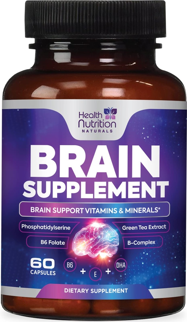 Suplementos cerebrales para la memoria y el foco - Cápsulas nootrópicas de fuerza extra para la concentración, alerta, apoyo cognitivo - Phosphatidylserine, DMAE, salud cerebral Vitaminas B6 C E Zinc - 60 Cápsulas