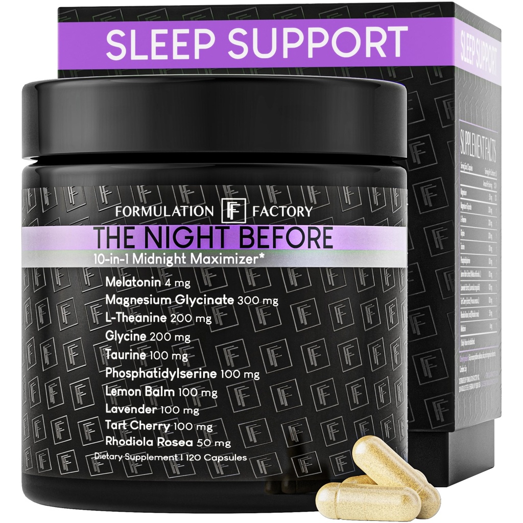 La noche antes de 10 en 1 medianoche Maximizer Sleep Aid, Stress Relief, Cognition, Relax, Recovery, Focus, Magnesium Glycinate, L-Theanine &amp; More, (120 cápsulas – 2 meses de suministro)