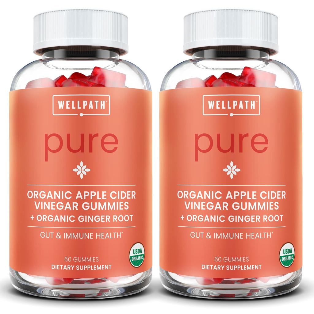 WellPath Pure ACV Gummies (2 Pack) - Apple Sider Vinegar with Mother - USDA Organic Gummy with Ginger for Gut Health ← Vegan, Non-GMO, 120 Ct