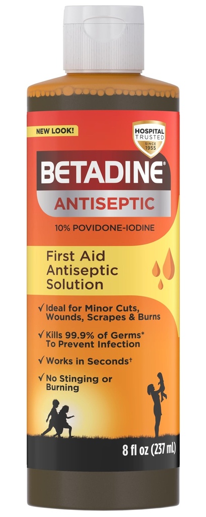 Betadine Antiseptic First Aid Solution, Povidone-iodine 10%, Protección de Infección, Mata Germs En Cortas Menores Scrapes Y Quemaduras, No Promesa de Sting, Sin Alcohol o Peróxido de Hidrógeno, 8 FL OZ