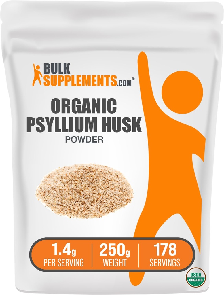 BulkSupplements.com Orgánica Psyllium Husk Powder - Psyllium Husk Polvo para Hornear, Suplemento de fibra - Gluten Gratis, 1.4g por Serving, 250g (8.8 oz) (Pack of 1)