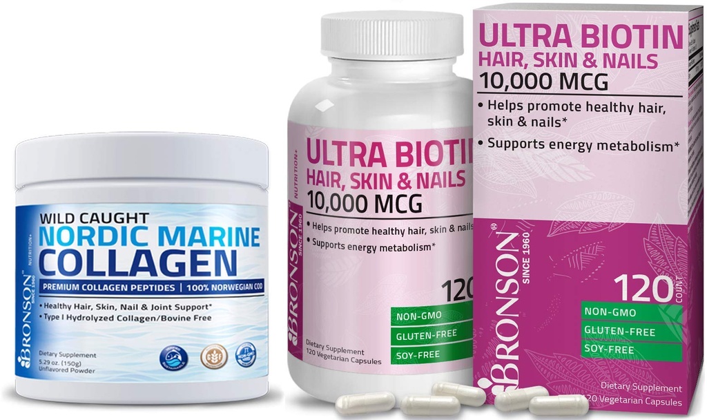 Bronson Marine Collagen Peptides Hidrolyzed Protein Powder + Ultra Biotin 10,000 Mcg Hair Skin and Nails Supplement