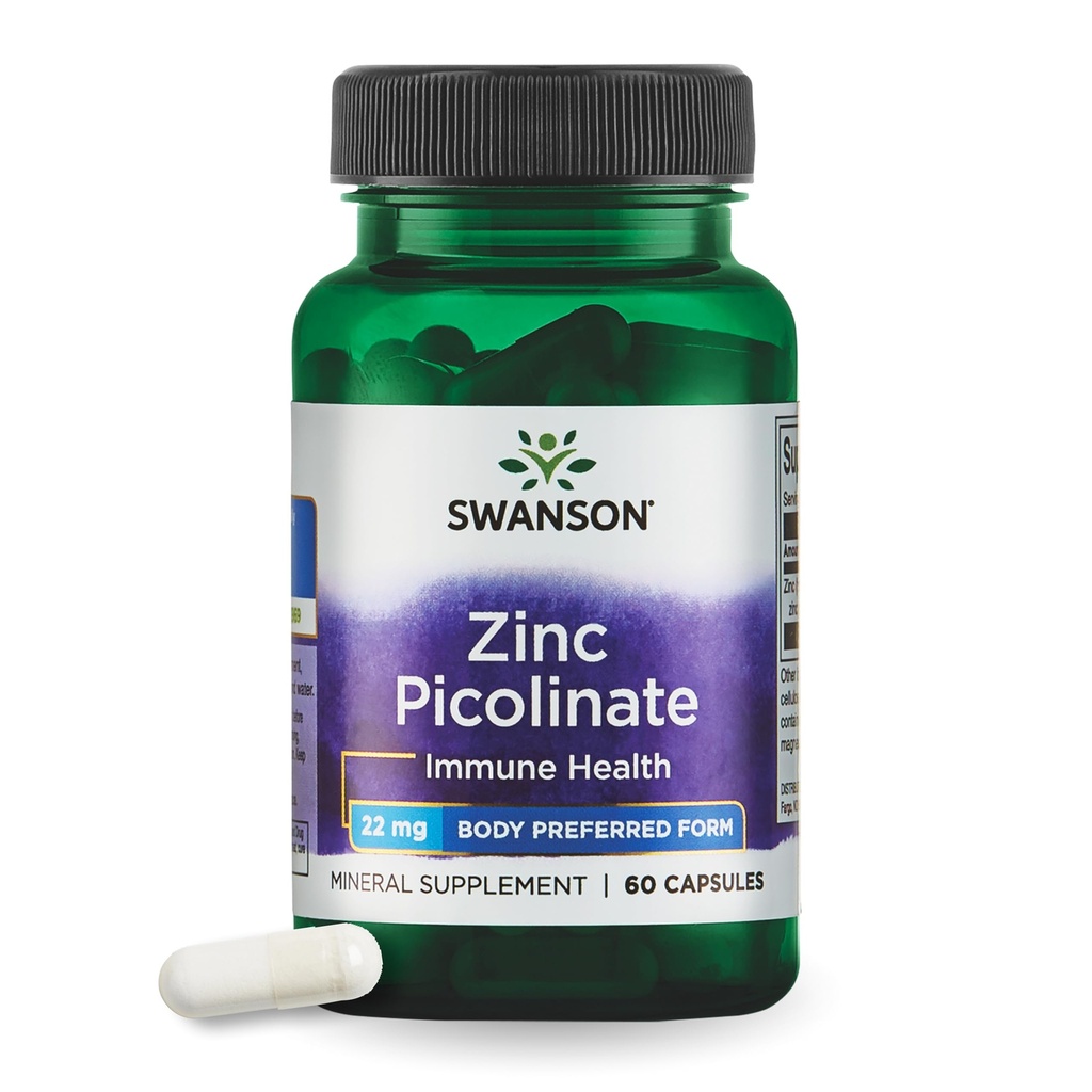 Swanson Zinc Picolinate - Suplemento Mineral Promoción de la Salud Prostática, Visión Salud, &amp; Apoyo Inmunitario - Forma Preferente Cuerpo de Zinc Chelated - (60 cápsulas, 22 mg cada uno)