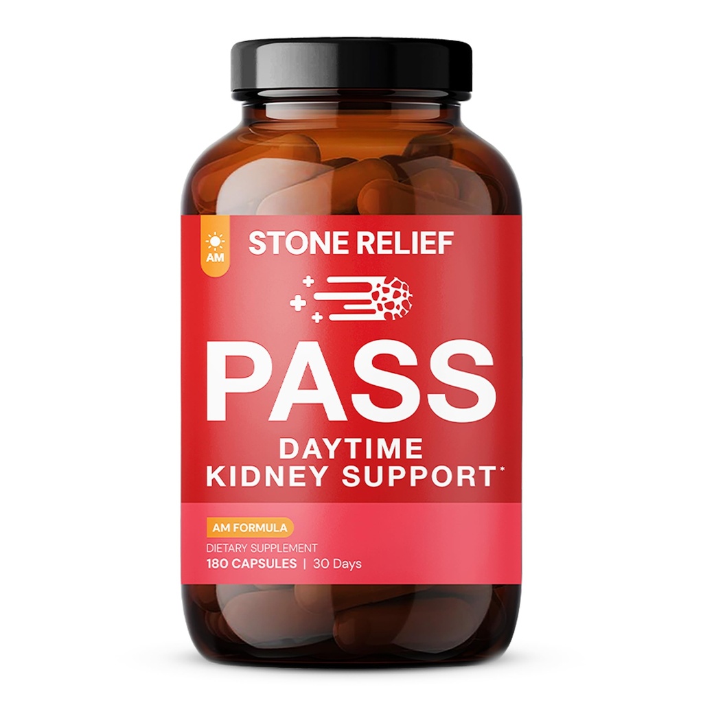 STONE RELIEF Pass AM – Daytime Herbal Kidney Support for Relief, Comfort, " increased Flow (180 capsules + Stone Catcher + Printed Guidebook)