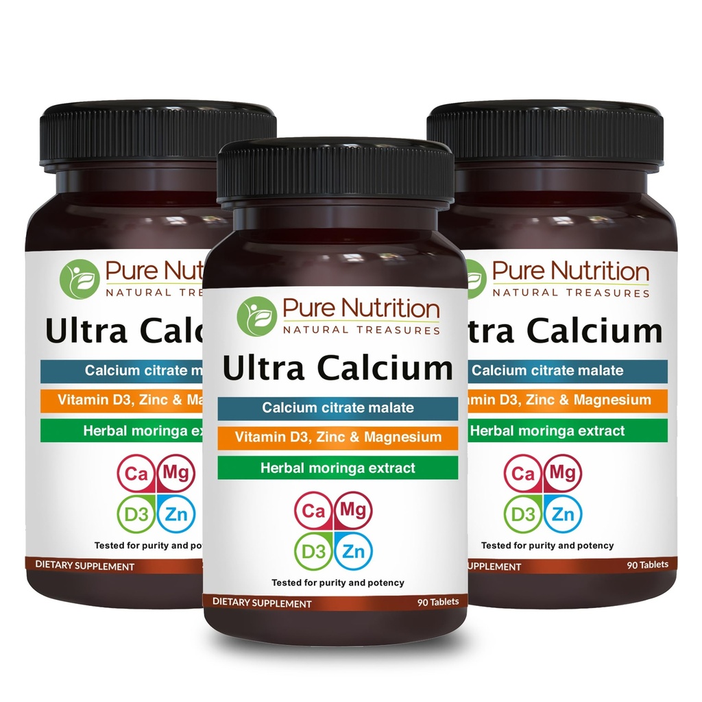 Nutrición pura Ultra Calcio 1000mg con VIT D3 + K2 TENIDO 270 Tabs (90 X Pack of 3) TENIDO Suplemento de calcio altamente absorbible con Calcio Citrate Malate, VIT D3, K2, Moringa Oleifera, Magnesio y Zinc.
