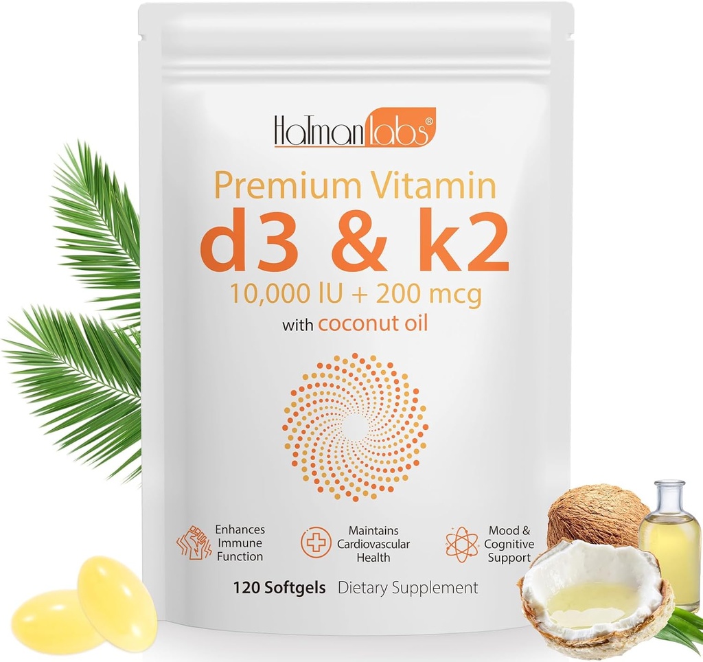 Vitamina D3 K2 Suplemento Softgel,2-en-1 Micro Ingredientes Vitamina D3 10000 UI + 200 MCG Vitamina K2,Coconut Oil Softgels, Libre de GMO, Suplemento Softgel (120Pcs)