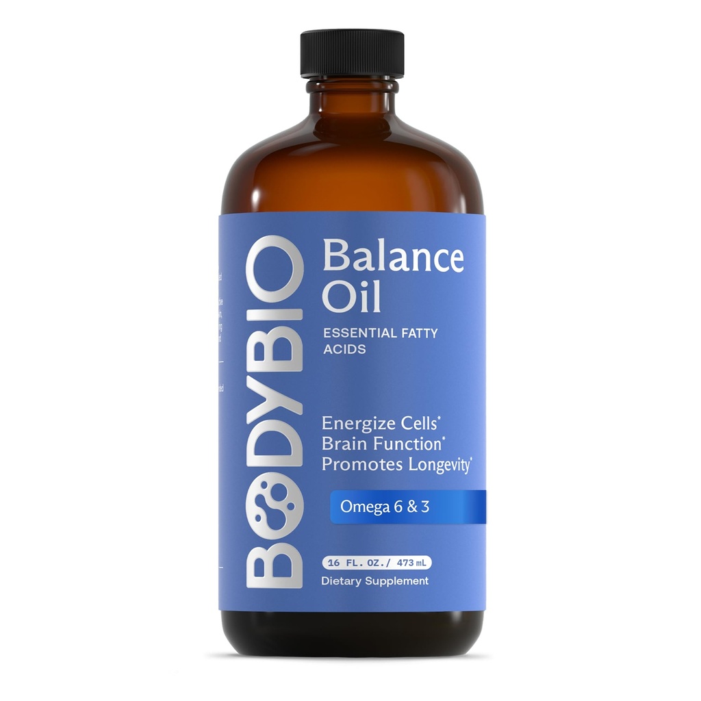 BodyBio Balance Oil - Vegan Omega 3 6 Suplemento – Cold-Presed Safflower & Flaxseed Oil – Soporta la función cerebral, la piel sana y el mood