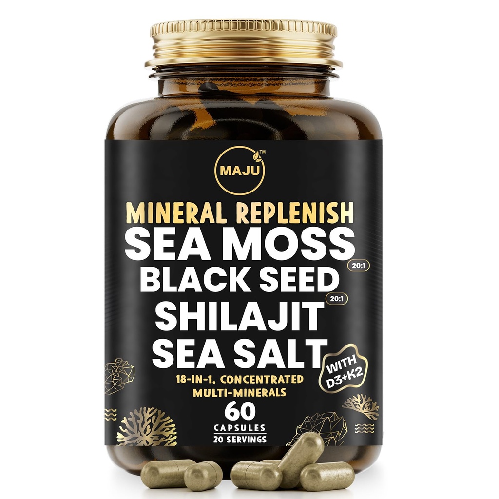 Maju Superfoods 18-in-1 Sea Moss, Black Seed, Shilajit, Sea Salt + D3 &amp; K2, Concentrated Extracts, Trace Multi Mineral Capsules, for Men &amp; Women Mineral Electrolytes Suplementos