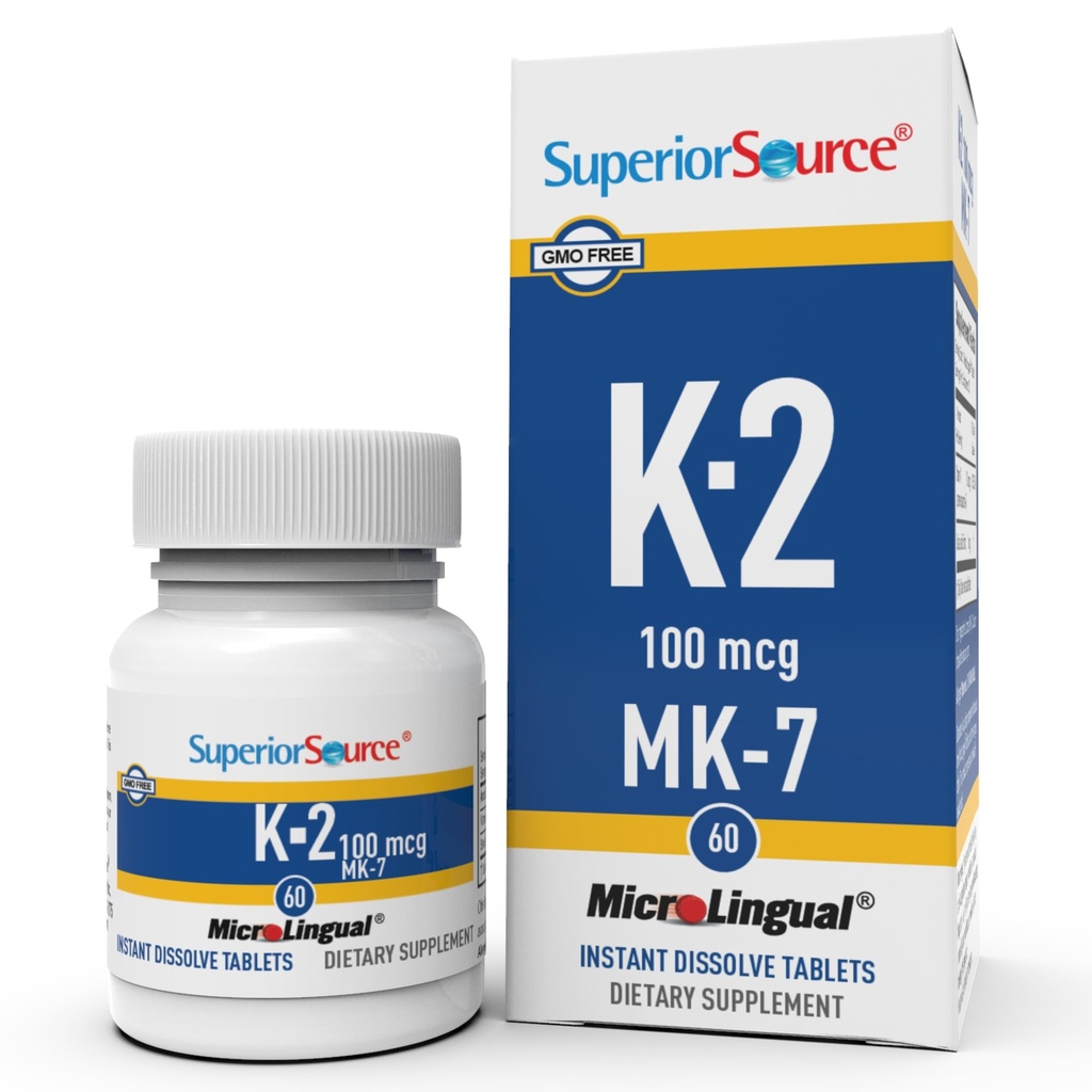 Fuente superior Vitamina K2 MK-7 (Menaquinone-7) 100 mcg - Fortaleza ósea " Apoyo a la salud Suplemento - Ayudas Función cardíaca saludable - Bariatric-Friendly - 60 Tablas sublinguales de disolución