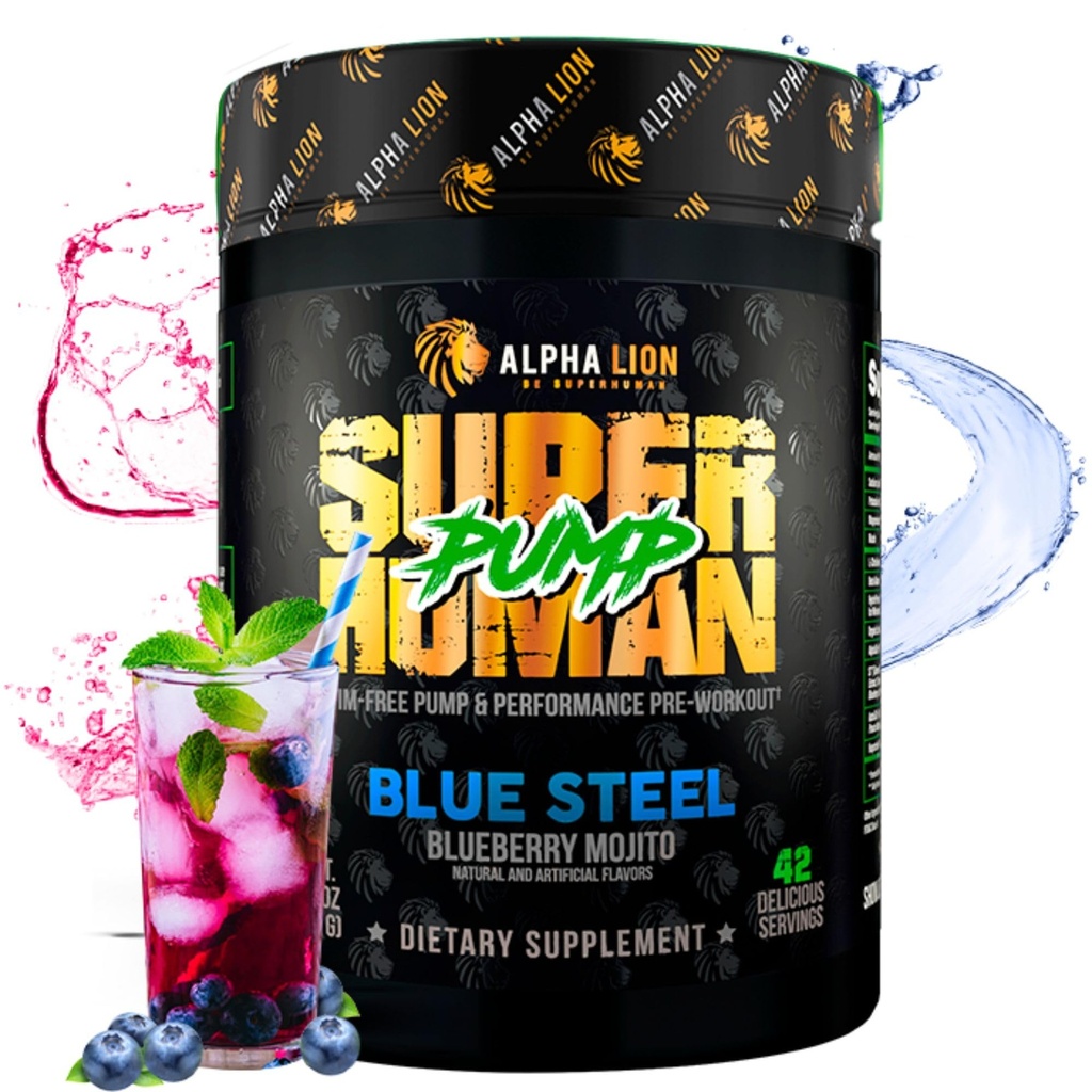 ALPHA LION Superhuman Pump Pre Workout Powder, Nootropic Caffeine &amp; Stim Free Preworkout Suplemento, Nitric Oxide Booster, Muscle Gainer, Energy & Focus (42 Servings, Blueberry Steel Flavor)
