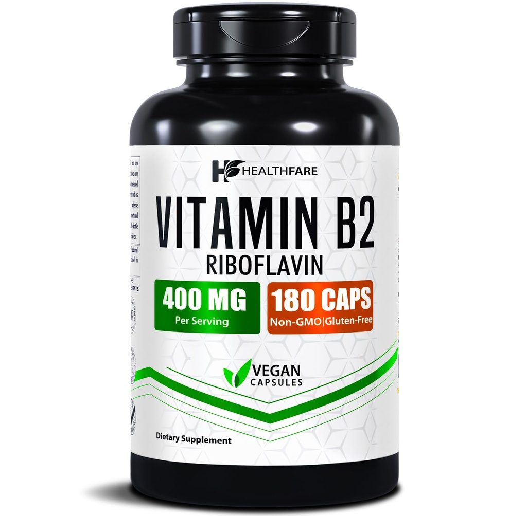 Healthfare Vitamina B2 Riboflavin 400mg Silencio 180 Veg Capsules tención Suplemento Silencio Gluten-Free ← Non-GMO