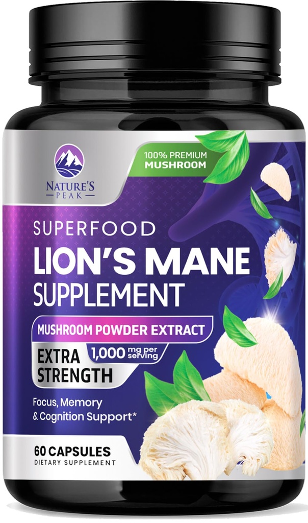 Lions Mane Mushroom Capsules 10,000mg - El suplemento Mane de León Capsules para la memoria y el apoyo en foco, Brain, Immune Health Support, Vegan, Bottled in USA, Lions Mane Mushroom Powder Extracto, 60 Conde