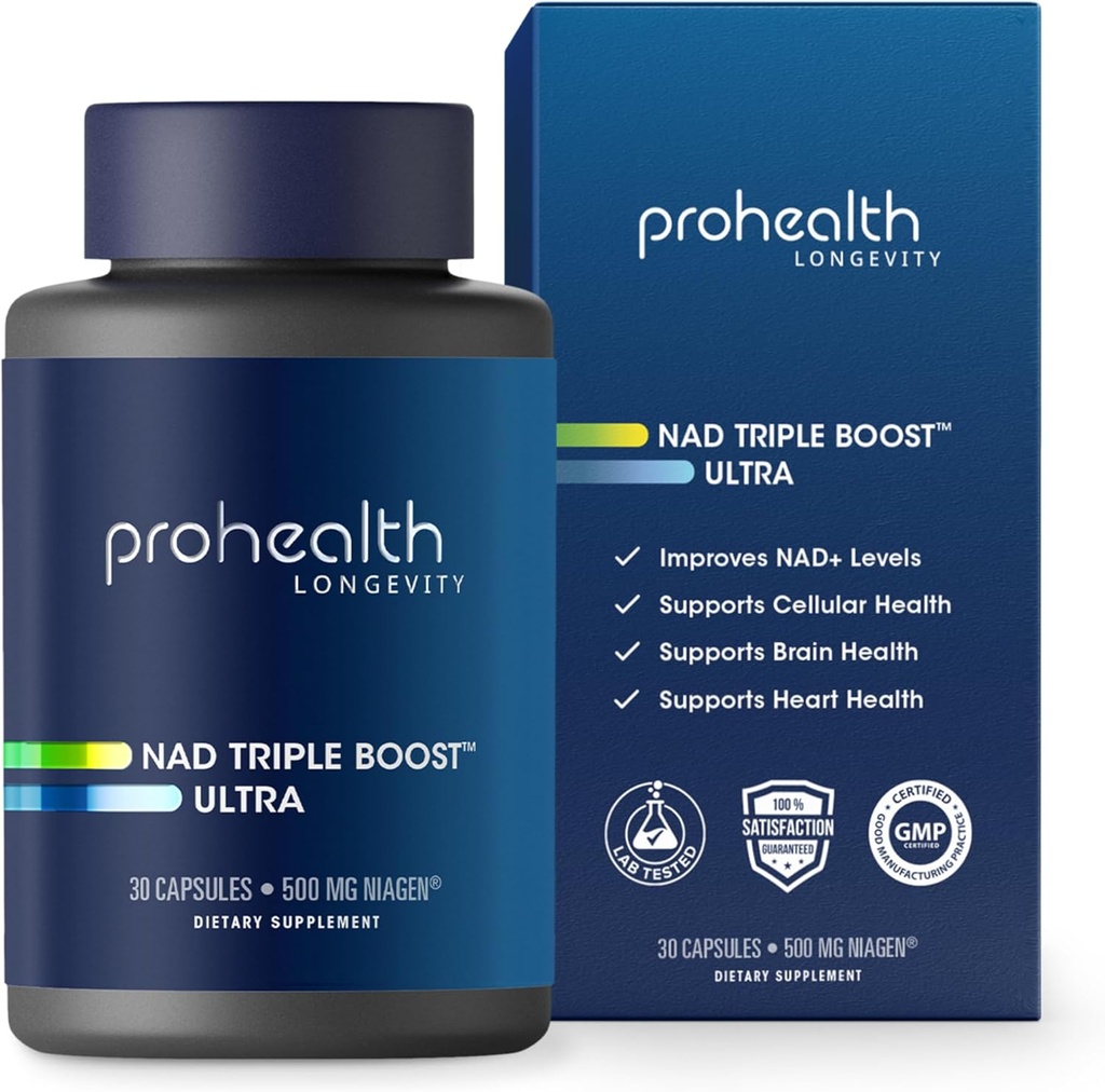 ProHealth NAD Triple Boost Ultra + 500mg Niagen NR. 3X NAD+ Optimizer Plus Apigenin, PQQ, Quercetin. Promueve la longevidad, el corazón y la salud cerebral, activa las situinas para la reparación celular (30 servicios)