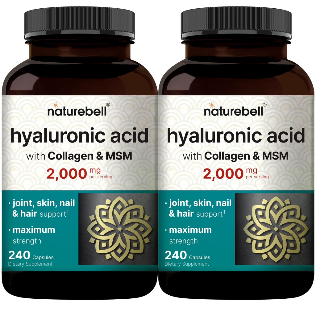 NatureBell 2 Pack Hialuronic Acid Suplementos 2000 mg TENIDO 480 cápsulas totales, con MSM " Collagen de Bovino Hidrolizado - 3 en 1 Apoyo para la hidratación de la piel, la lubricación conjunta, el cabello y la salud de los ojos
