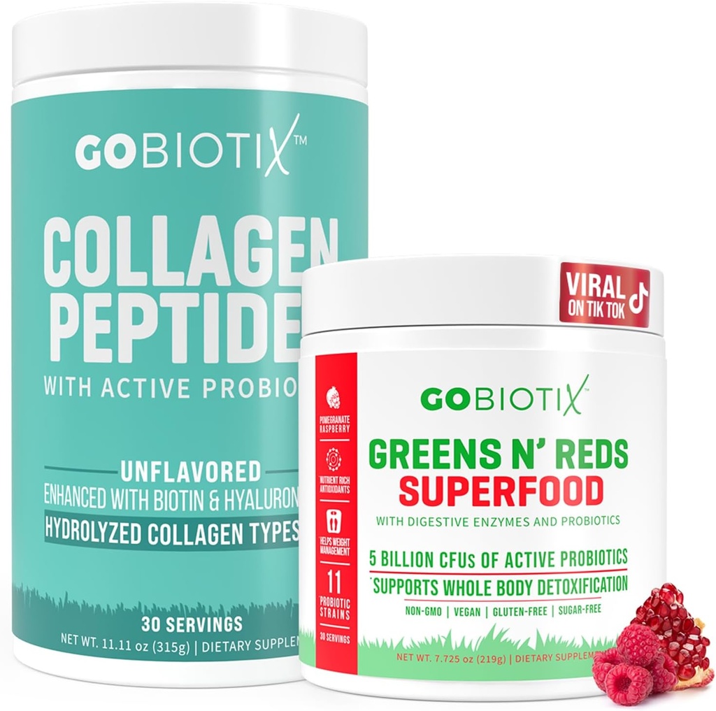 GOBIOTIX Super Greens & Collagen Bundle - Vitality Boost with Organic Spirulina & Hair-Skin-Nails Support - 30 Servings each