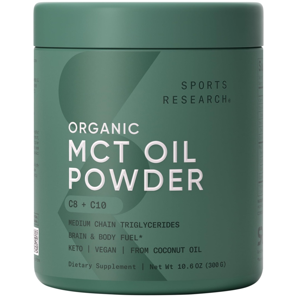 Sports Research Organic MCT Oil Powder - Keto & Vegan MCTs C8, C10 de Coconuts - Fatty Acid Brain & Body Fuel, Non-GMO & Gluten Free - Unflavored, Perfect in Coffee, Tea &amp; Protein Shakes - 10.6 oz
