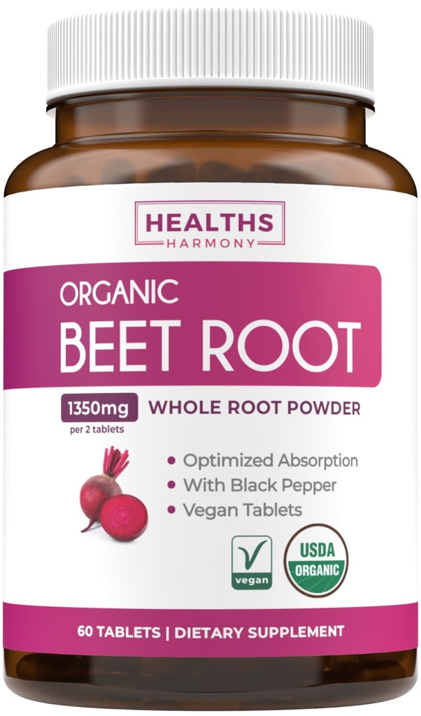 USDA Organic Beet Root Powder (60 Tablets) 1350mg Beets Por Serving with Black Pepper for Extra Absorption - Super Antioxidant and Nitrate Supplement for Athletic Performance and Stamina- No Capsules