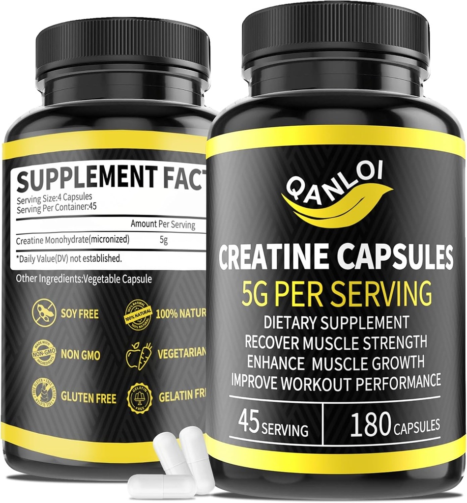 Micronized Cretina Monohydrate Capsules, 5,000 mg Por Serving, Beneficial para el Crecimiento del Musculo, Energía Boost, Pilles Creatina Adecuado para Mujeres Masculinas, No GMO, Gratuito, 180 cápsulas