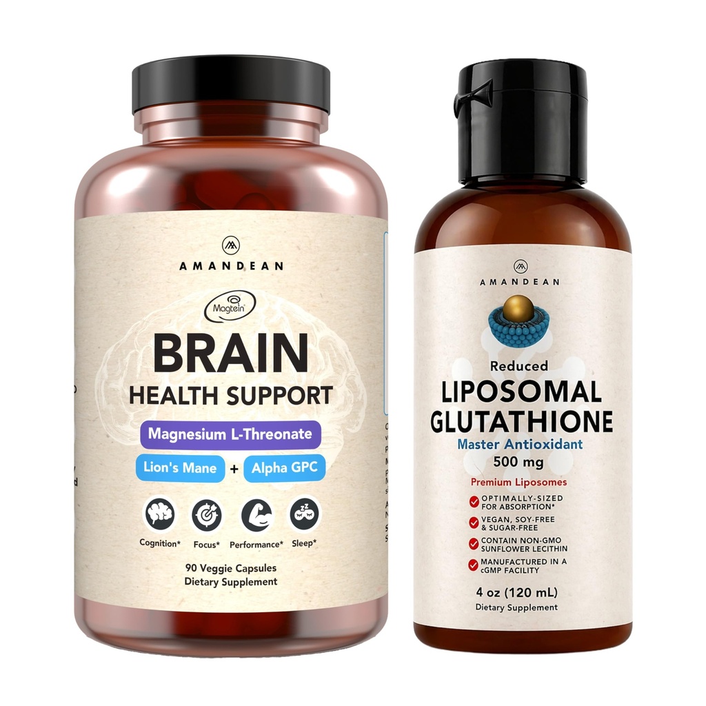 AMANDEAN Premium Brain Health Suplemento " Liposomal Glutathione Bundle. Triple Fórmula con Magnesium L-Threonate, USA-Grown Organic Lion’s Mane 6:1 Extracto, y Alpha-GPC. Apoyo Cognition, Focus &amp;