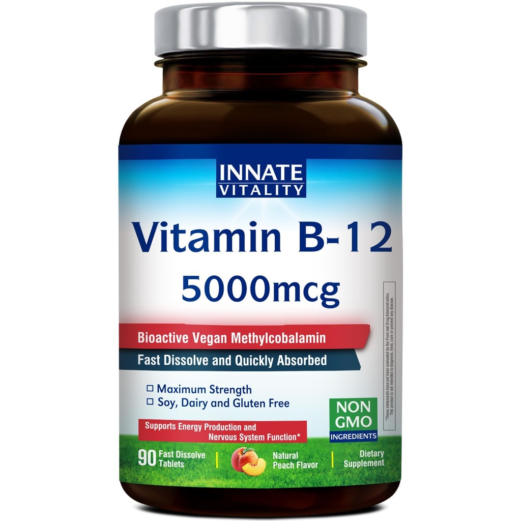 Vitalidad innato Vitamina B12 5000mcg, Methylcobalamina sublingual, Metilcobalamina Vegana, Tablas de disuelve rápido, Flavor de Peach natural, apoya la producción de energía y sistema nervioso saludable, 90 Tabletas