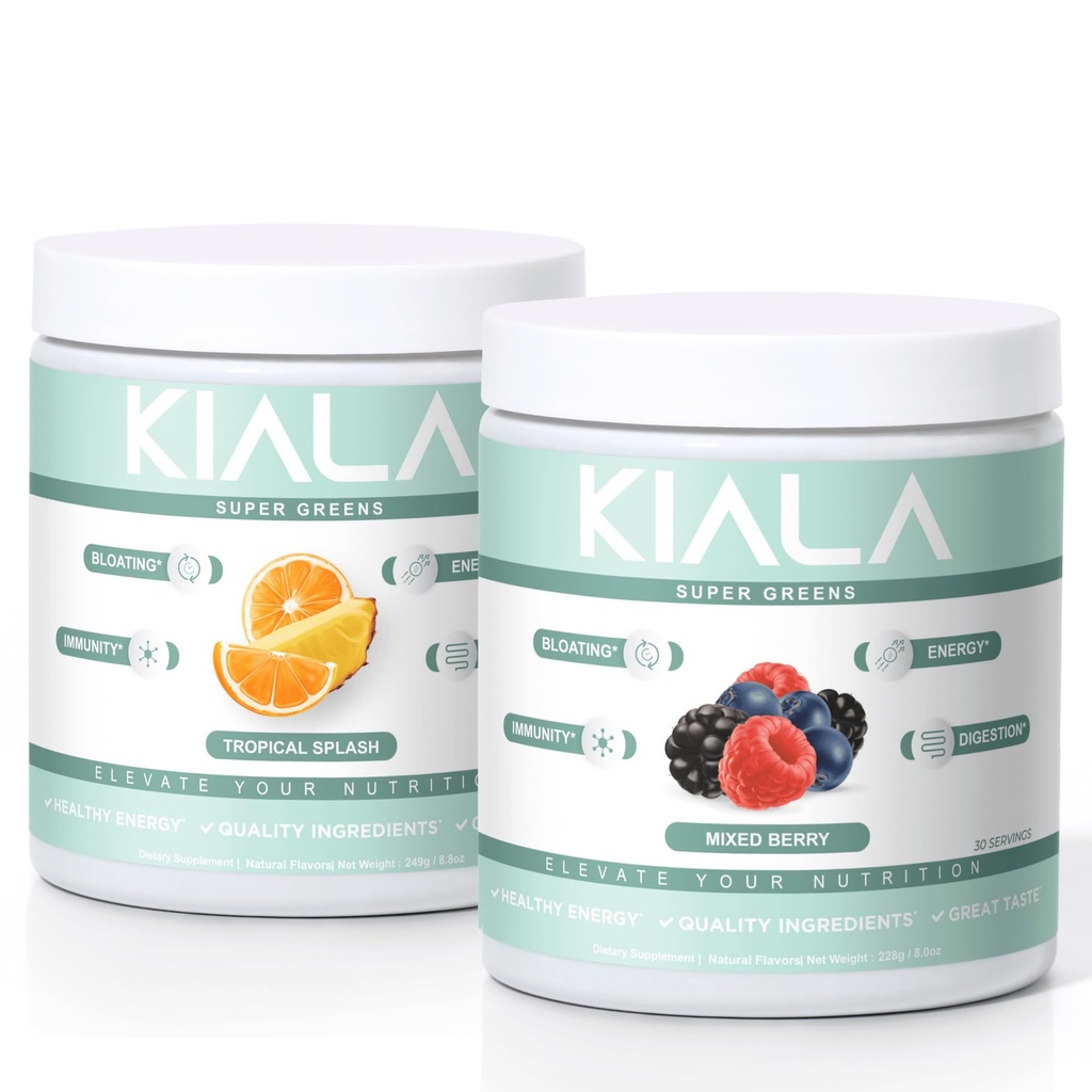 Kiala Nutrition Super Greens, Orgánica Greens Powder, Spirulina & Clorella Superfood Powder, Azúcar &amp; Gluten Free Vegan, Spectra Blend, Tropical Slush, Mixed Berry 2 Pack