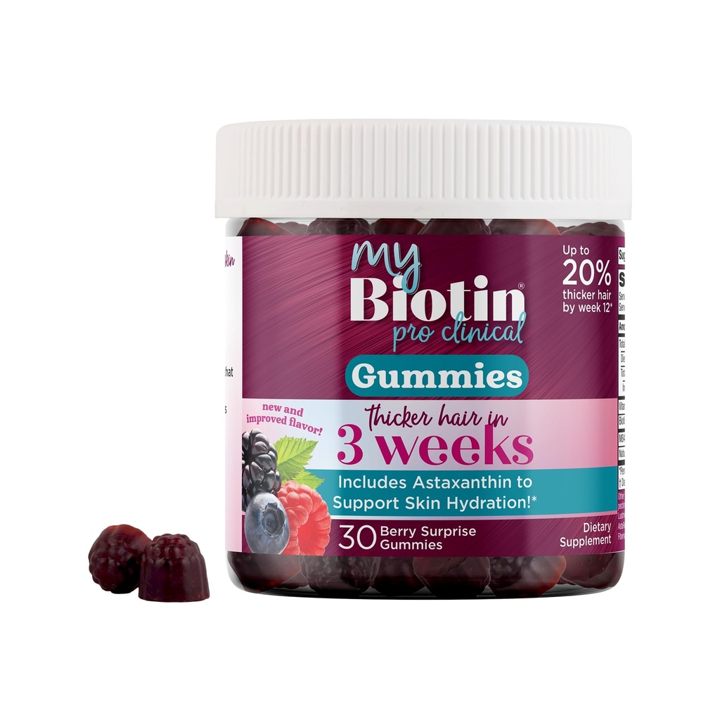 Productos de pureza MyBiotin ProClinical Gummies - Cabello delgado que empieza en 3 semanas & Fights Wrinkles - MB40X Biotin Matrix w/Astaxanthin - 40X Más Soluble vs Ordinary Biotin 30 Berry Gummy Chews