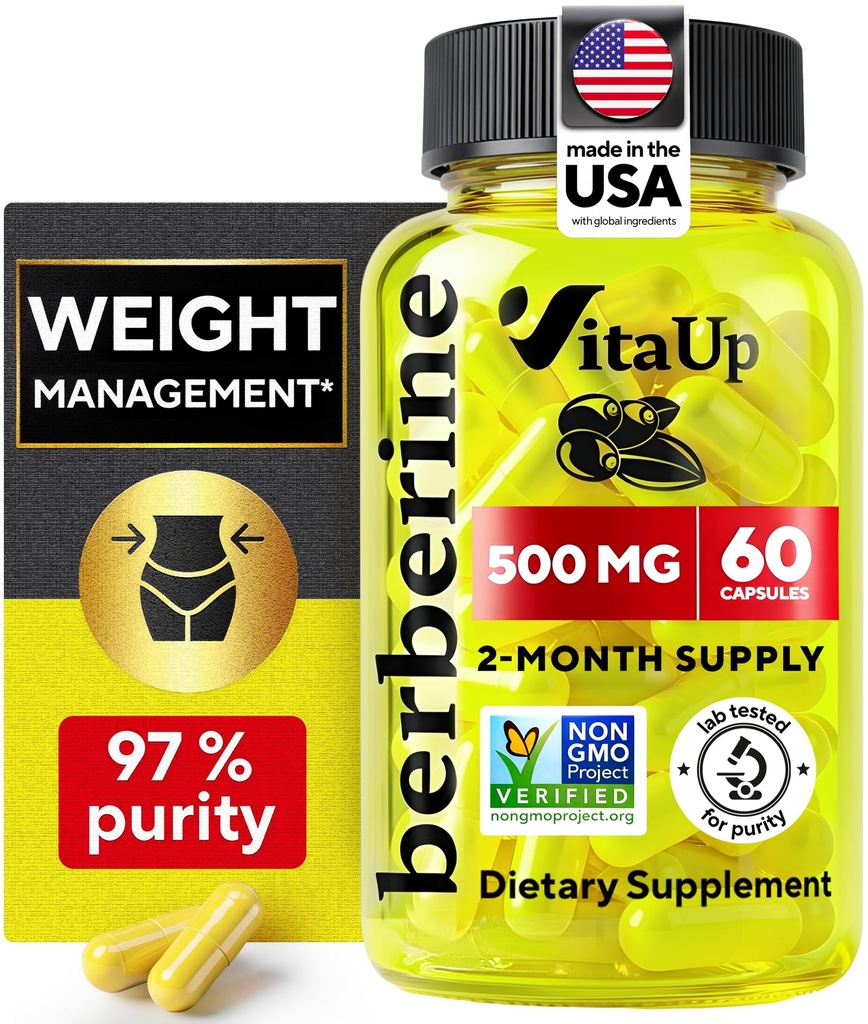 Suplemento de bereberina 500mg - Estados Unidos Made Berberine 500mg - Non-GMO Berberine HCL - Suplementos de bereberina para la gestión de peso, energía, soporte de inmuno - 60 cápsulas