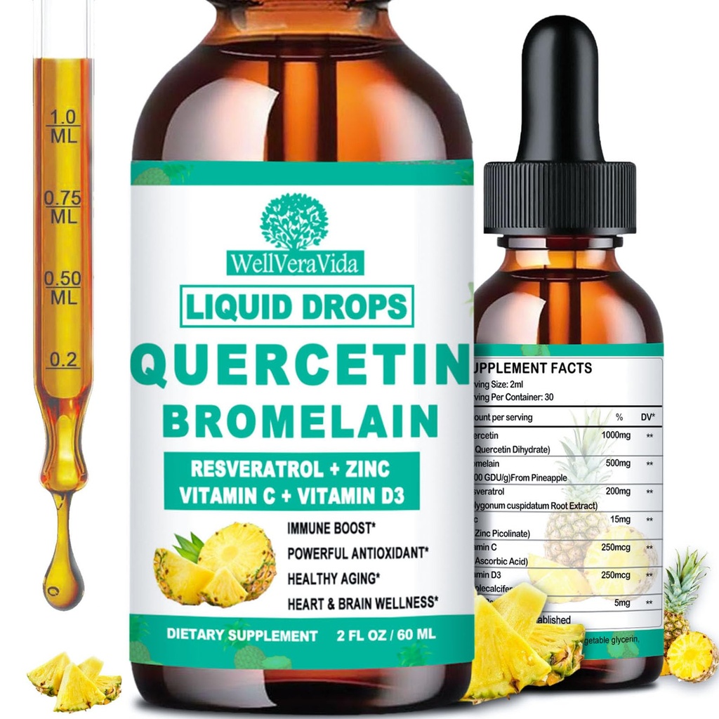 Quercetina con gotas líquidas de bromelaina, 4X más fuerte que las cápsulas " , 7-in-1 Zinc orgánico quercetina 1000mg con bromelaina 500mg Vitamina C D3 Apoyo inmunológico para la salud respiratoria " Antioxidante