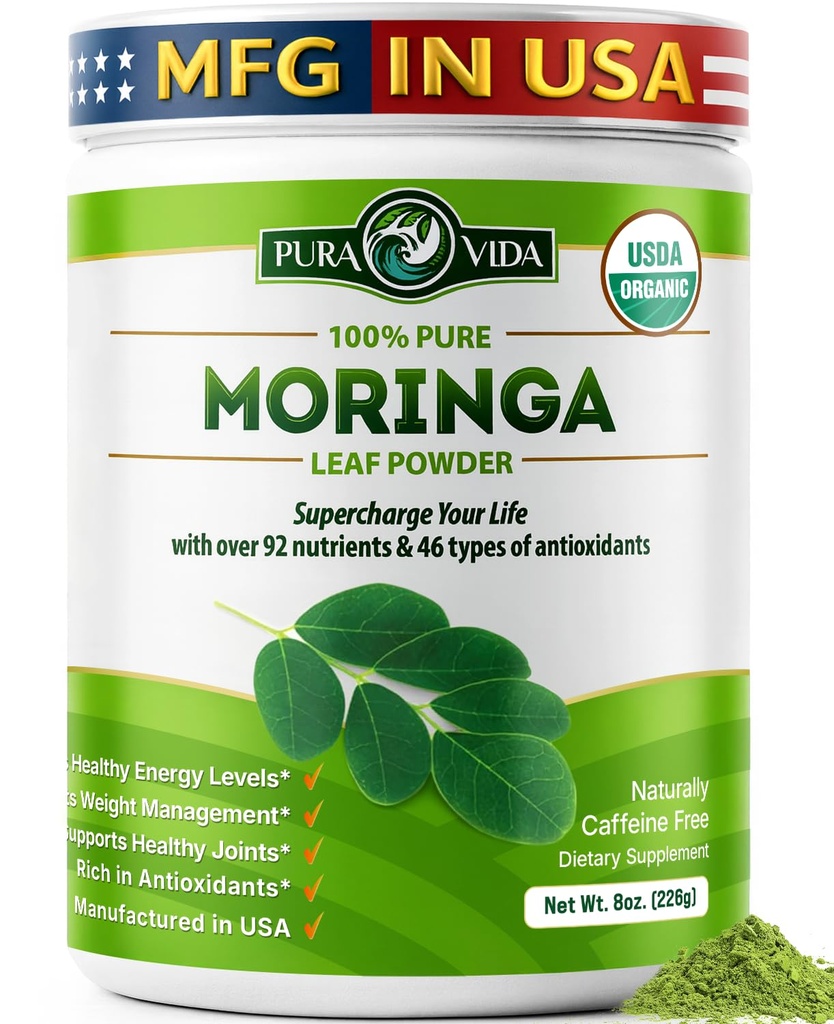 PURA VIDA MORINGA Powder Orgánica Individual Origin - Premium 100% Leaf Powder, USDA Orgánica Moringa Oleifera, Moringa Leaf Powder - Perfecto para Smoothies & Recetas. 8 oz.